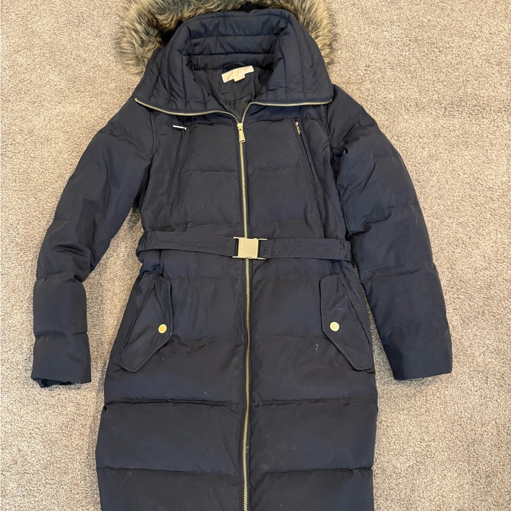 Michael Kors Dark Blue Puffer Jacket with Fur Trim